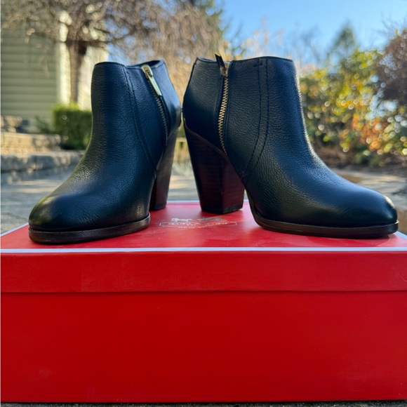 Coach Shoes - Coach Black Leather Ankle Booties with Gold Zip and Stacked Heel